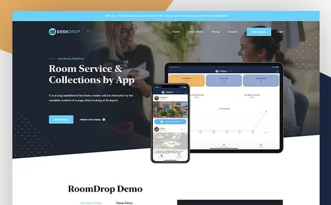 Desk Drop website screenshot with room service app mockups