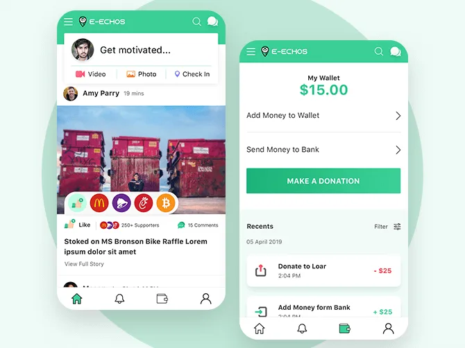 Shopping app screens with product listings and an order confirmation