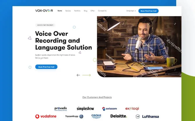 Vox Over website screenshot with voice recording services