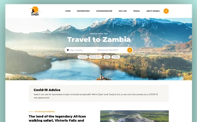 Zambia travel website screenshot with destination photography