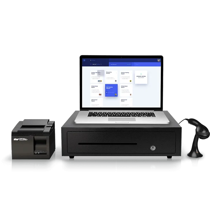 Laptop, receipt printer and barcode scanner in a point-of-sale setup