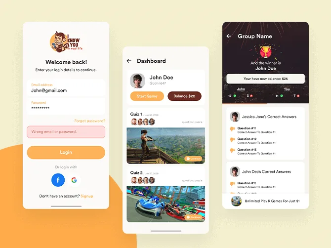 Food delivery app screens showing login, customer details and an order