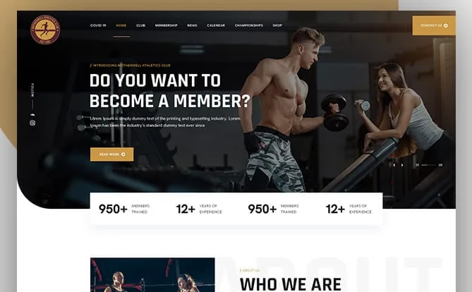 Fitness website screenshot with exercise and membership sections
