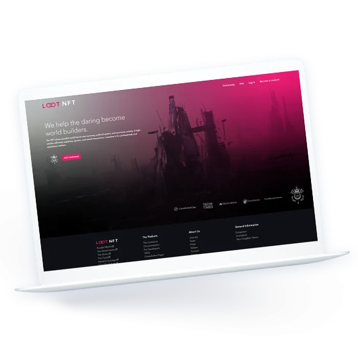 Dark website design with a magenta hero image