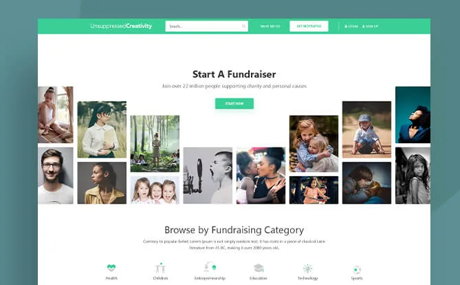 Fundraising website screenshot with campaign categories