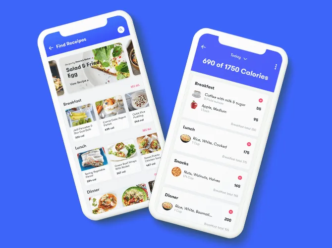 Food app screens with recipe listings and a diet form