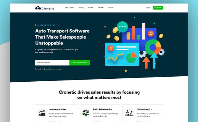 Cronetic website screenshot with transport software graphics