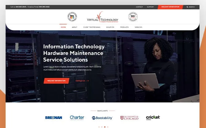Virtual Technology website screenshot with hardware maintenance services