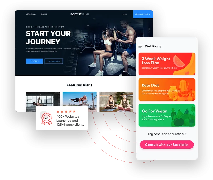 Fitness website and diet app mockups
